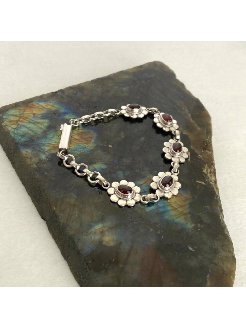 Sterling Silver 925 Garnet Cabochon Flower Floral Link Bracelet 7" - Picture 7 of 16
